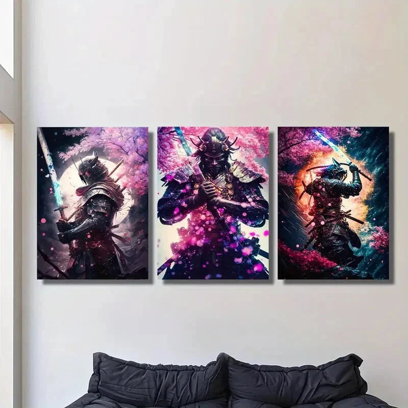 3pcs Painting of samurai in cherry blossom garden Metal Print Ready to Hang Art