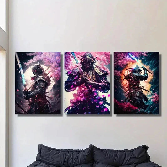 3pcs Painting of samurai in cherry blossom garden Metal Print Ready to Hang Art