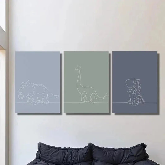 3pcs Minimalist Line Drawings of Dinosaurs Metal Print Ready to Hang Art