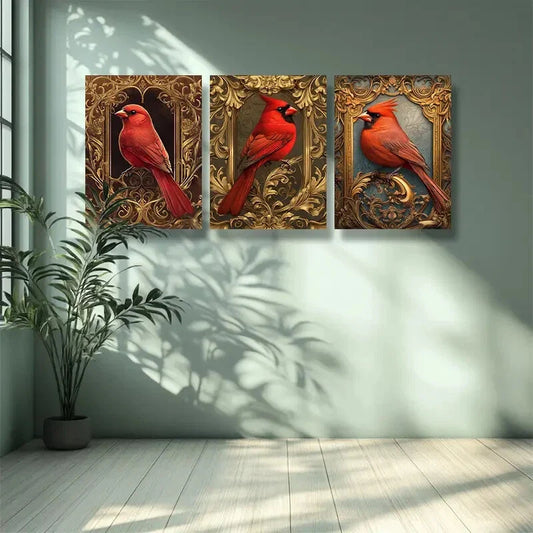 3pcs  Red bird . Art Painting Royal Look Metal Print Ready to Hang Art