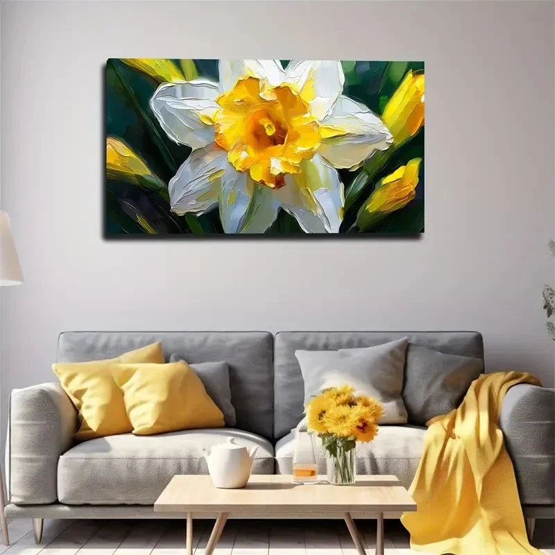 White Daffodil Flower Wall Art Canvas Office Home Room Framed 80x45cm