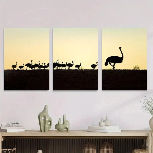 3pcs Ostrich Silhouette with Sunset Landscape Metal Print Ready to Hang Art