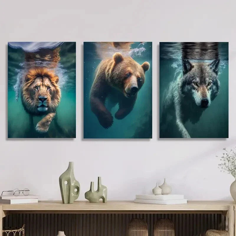 3pcs Beasts underwater, Lions, bears and wolves, Metal Print Ready to Hang Art