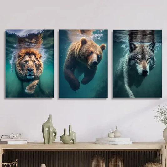 3pcs Beasts underwater, Lions, bears and wolves, Metal Print Ready to Hang Art