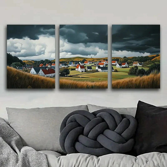 3pcs Rustic Village Red Roofs Art Deco Metal Print Ready to Hang Art