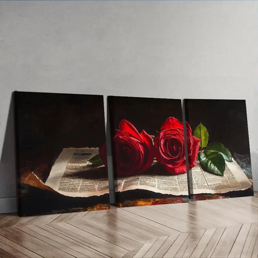 3pcs  Red Roses on Vintage Newspaper  Wall Art Set Canvas Framed 40x60cm - High Quality Print 100% Australian Made Wall Canvas Ready to Hang