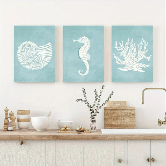 3pcs Seahorse, Coral, And Seashell Metal Print Ready to Hang Art
