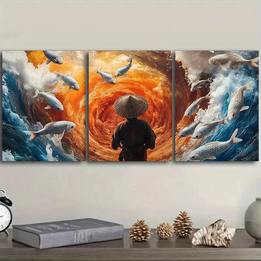 3pcs Fisherman, Koi Art Painting Metal Print Ready to Hang Art