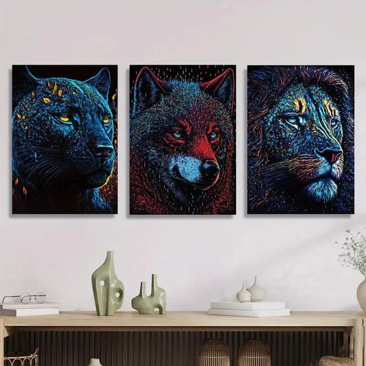 3pcs Black Panther, Wolf &amp; Lion, Neon Metal Print Ready to Hang Art