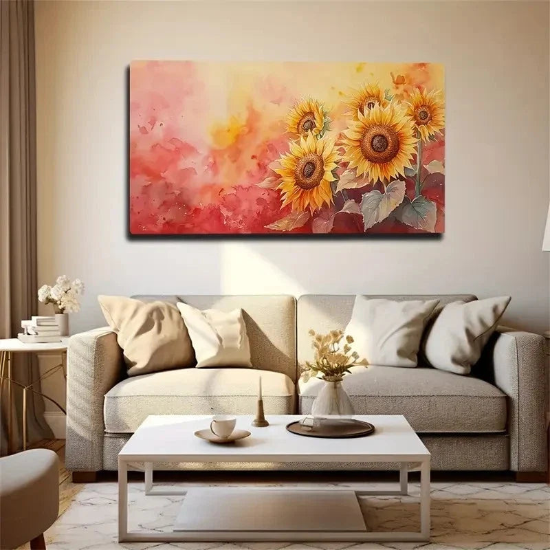Vibrant Yellow & Orange Floral Wall Art Canvas Office Home Room Framed 120x60cm