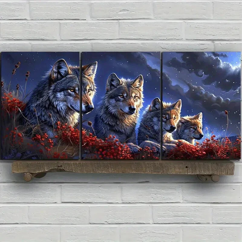 3pcs Wolf Majestic Wildlife Red Flowers Metal Print Ready to Hang Art