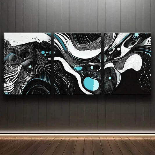 3pcs Black White Swirl Light Blue Metal Print Ready to Hang Art