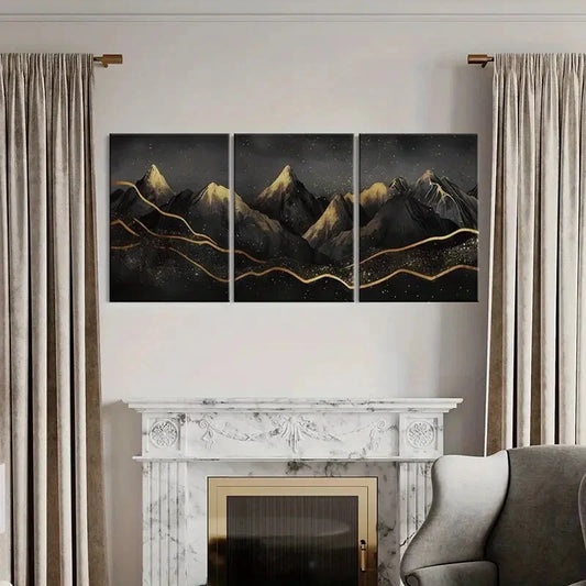 3pcs Mountains, Night Sky, Golden Lines Metal Print Ready to Hang Art