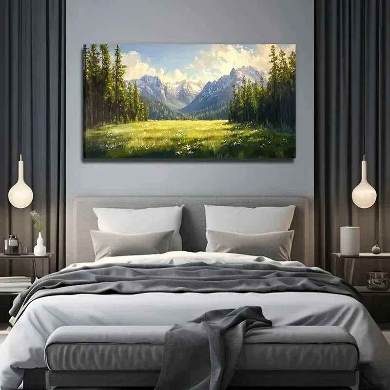 Pine Trees & Wildflowers Modern Wall Art Canvas Office Home Room Framed 80x45cm