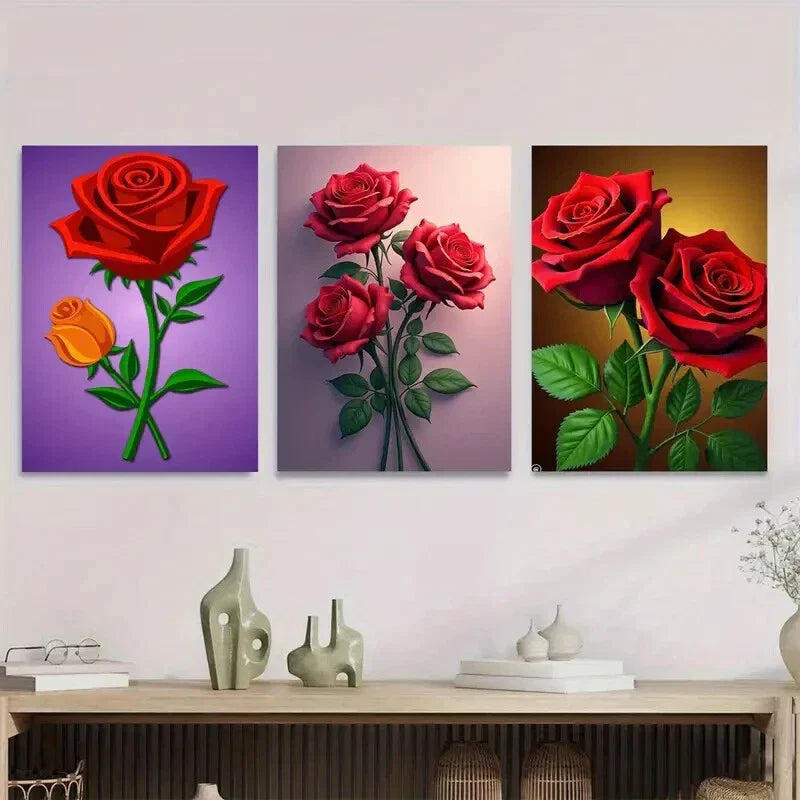 3pcs Beautiful Red Rose Orange Metal Print Ready to Hang Art