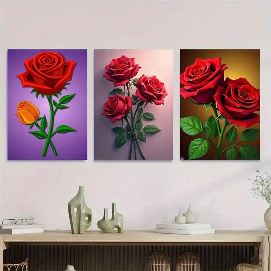 3pcs Beautiful Red Rose Orange Metal Print Ready to Hang Art