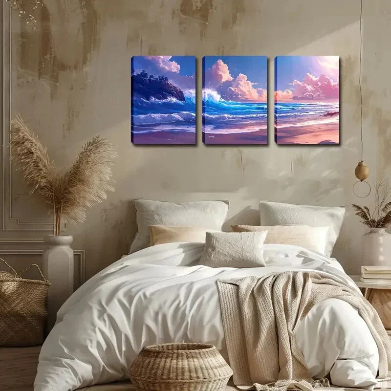 3pcs Featuring Waves And Rocks Wall Art Set Canvas Framed 40x60cm - High Quality Print 100% Australian Made Wall Canvas Ready to Hang