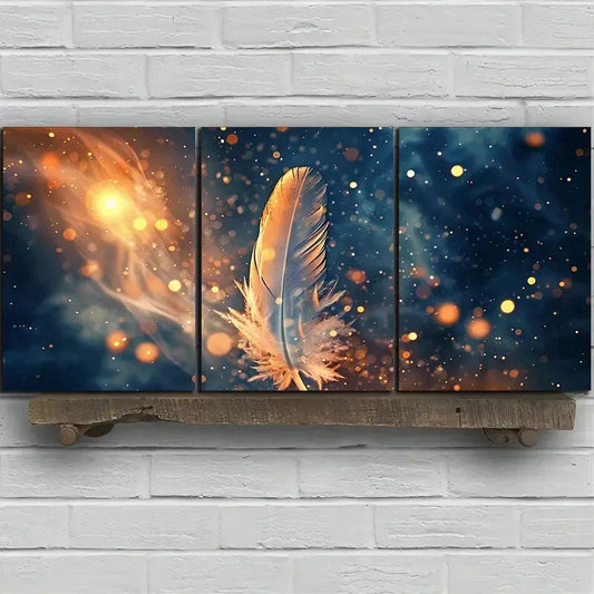 3pcs Feathers White Wings Golden Blue Metal Print Ready to Hang Art