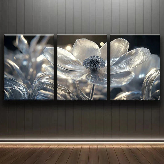 3pcs Abstract Glowing Flower Gray & White Metal Print Ready to Hang Art