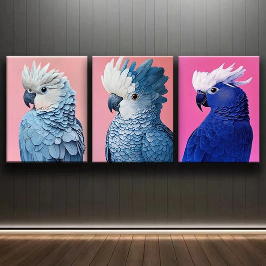 3pcs Beautiful Light Blue & Dark Blue Parrots Metal Print Ready to Hang Art