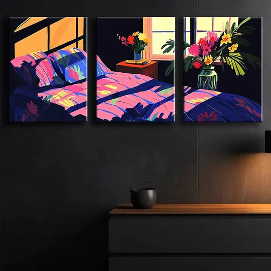 3pcs Illustration of Bedroom with Window Perfect Wall Art Set Canvas Framed 40x60cm - High Quality Print 100% Australian Made Wall Canvas Ready to Hang