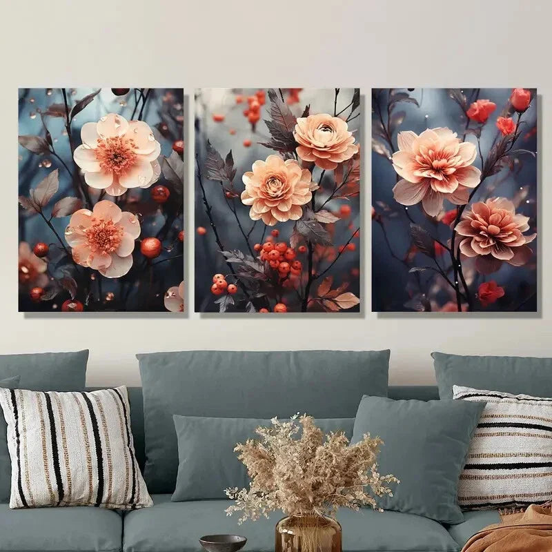 3pcs Pink Flowers and Berries, Botanical Flower  Metal Print Ready to Hang Art