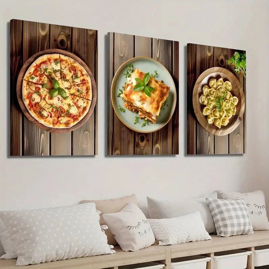 3pcs Vibrant Pizza Lasagna & Dumplings Wall Art Set Canvas Framed 40x60cm - High Quality Print 100% Australian Made Wall Canvas Ready to Hang
