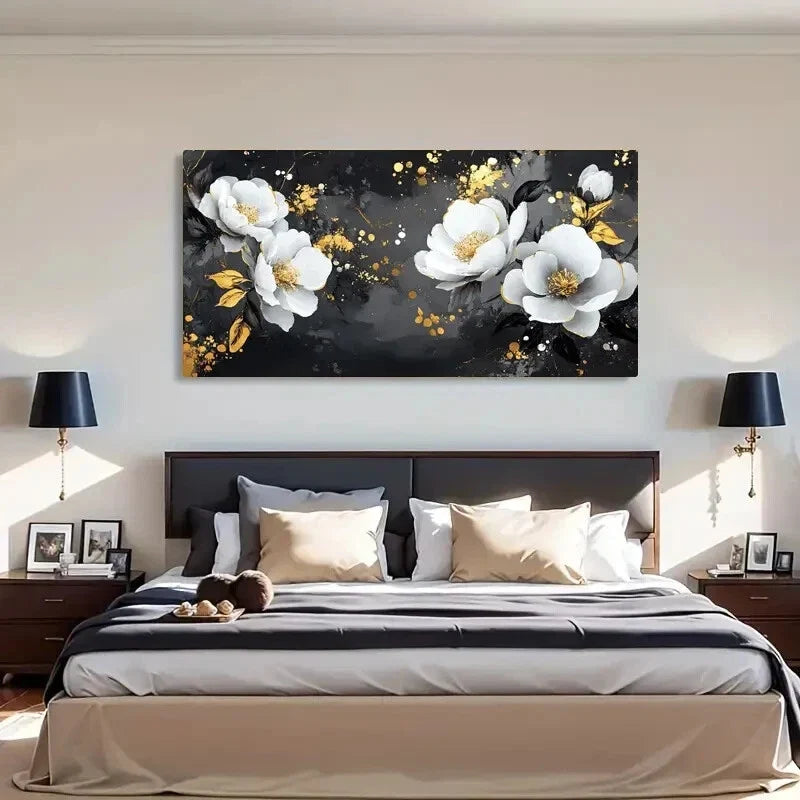 Elegant Flowers Golden Accents Wall Art Canvas Office Home Room Framed 120x60cm
