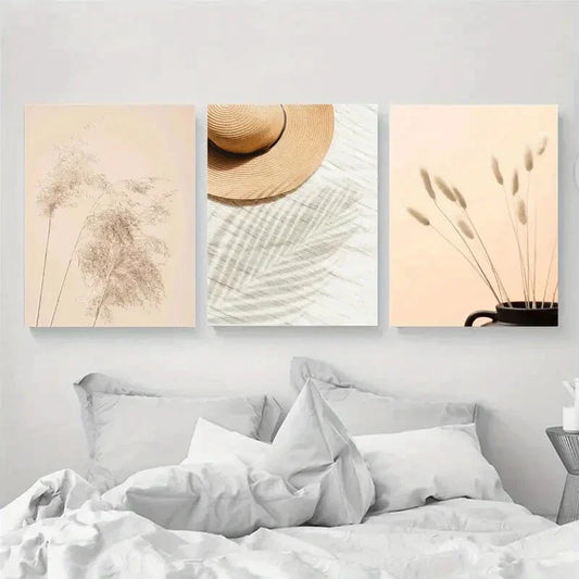 3pcs Vacation Hat Bunny Grass Reed Grass Modern Metal Print Ready to Hang Art