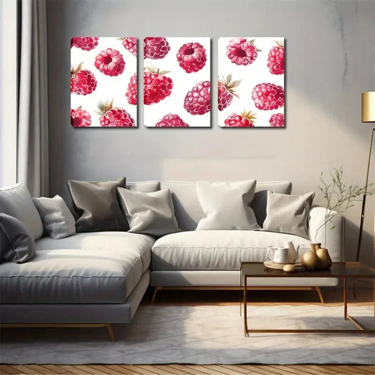 3pcs Raspberry Watercolor Style Wall Art Set Canvas Framed 40x60cm - High Quality Print 100% Australian Made Wall Canvas Ready to Hang
