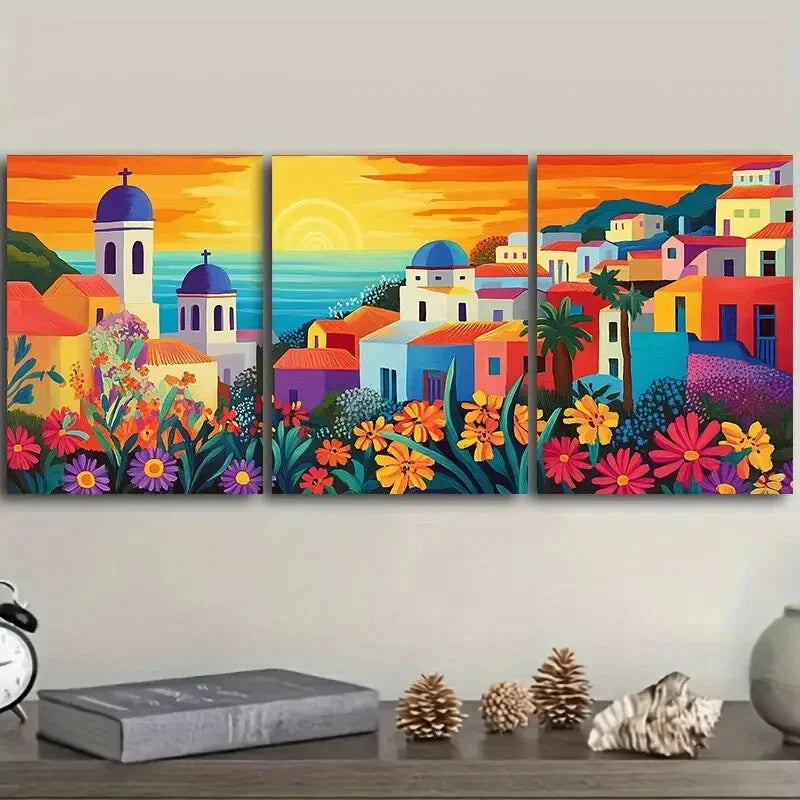 3pcs Greek island style town Wall Art Set Canvas Framed 40x60cm - High Quality Print 100% Australian Made Wall Canvas Ready to Hang