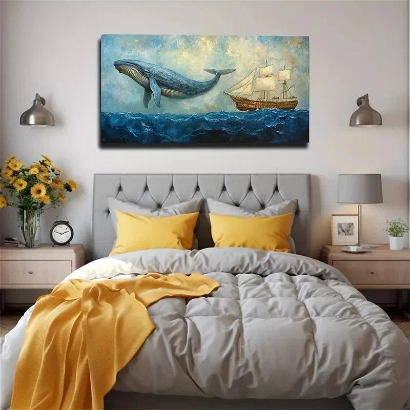Whale And Sailing Ship Deco Wall Art Canvas Office Home Room Framed 120x60cm