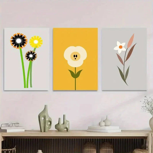3pcs Abstract Flower with Black & Yellow Metal Print Ready to Hang Art