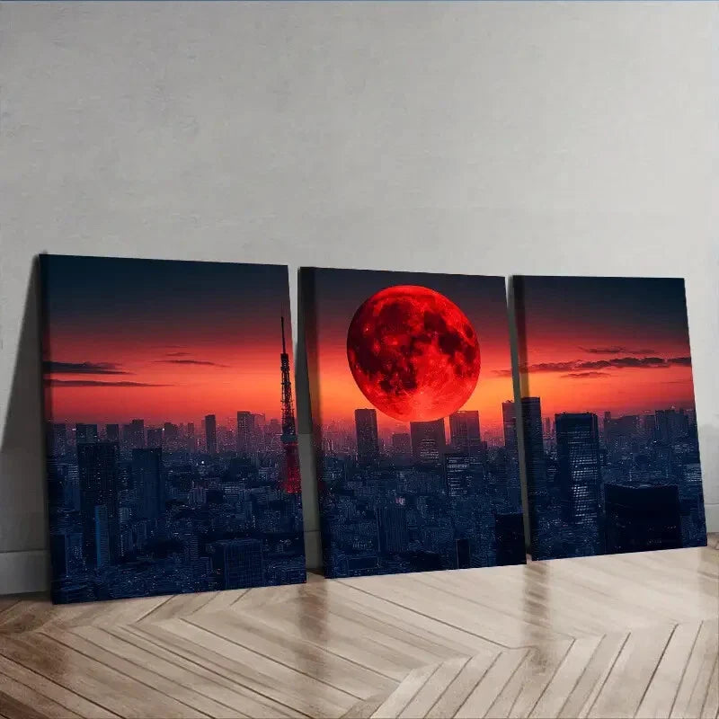 3pcs The moon over the city Wall Art Set Canvas Framed 40x60cm - High Quality Print 100% Australian Made Wall Canvas Ready to Hang