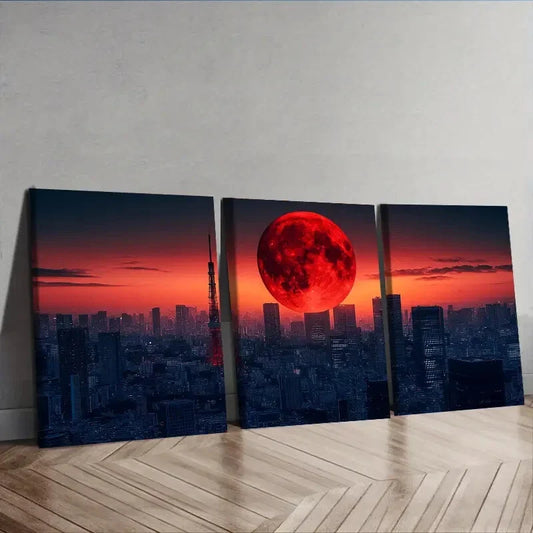3pcs The moon over the city Wall Art Set Canvas Framed 40x60cm - High Quality Print 100% Australian Made Wall Canvas Ready to Hang