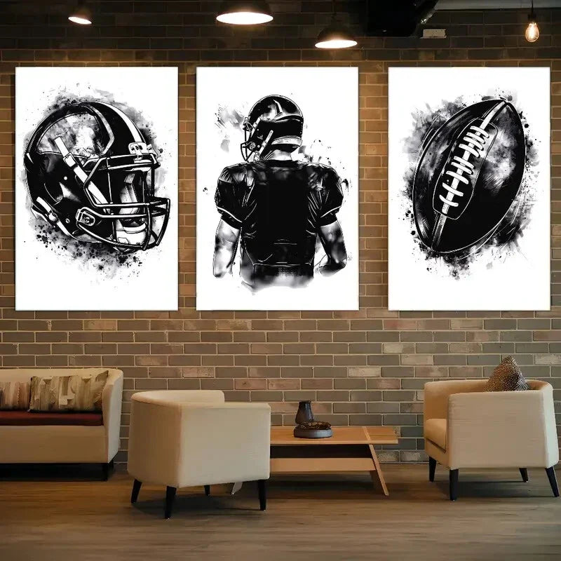 3pcs Athlete Helmet And Rugby Sports Poster Metal Print Ready to Hang Art