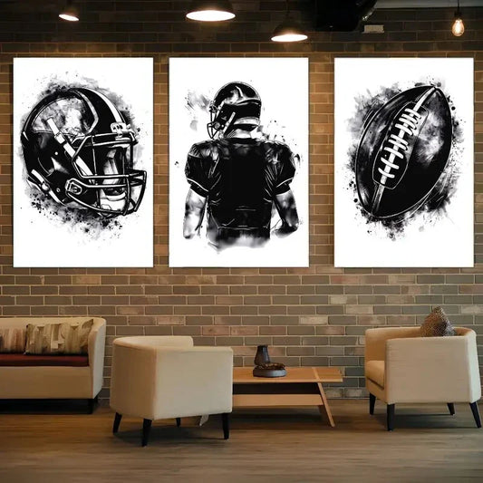 3pcs Athlete Helmet And Rugby Sports Poster Metal Print Ready to Hang Art