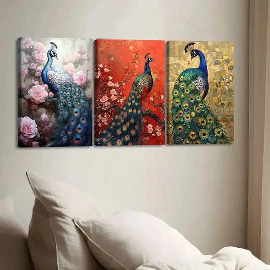 3pcs Exquisite Peacock Animal Florals Gold Blue Wall Art Set Canvas Framed 40x60cm - High Quality Print 100% Australian Made Wall Canvas Ready to Hang
