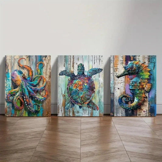 3pcs   Marine Life Octopus Seahorse Turtle  Metal Print Ready to Hang Art