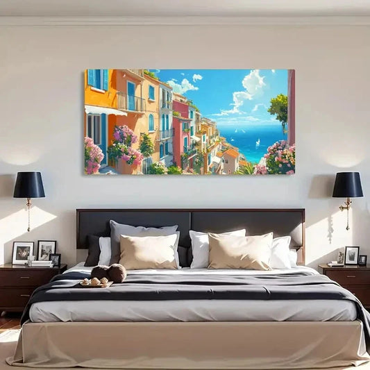 Colorful Houses & Flowers Deco Wall Art Canvas Office Home Room Framed 120x60cm