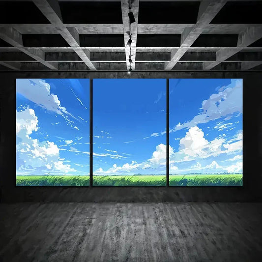 3pcs Blue Sky Green Grass Clouds Metal Print Ready to Hang Art