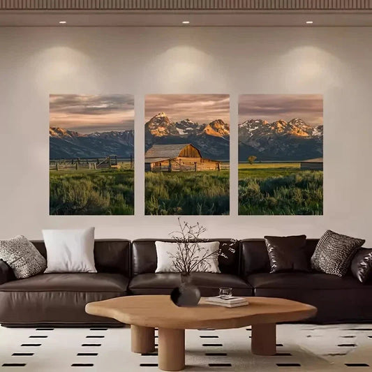 3pcs Mountain Cabin Landscape Metal Print Ready to Hang Art