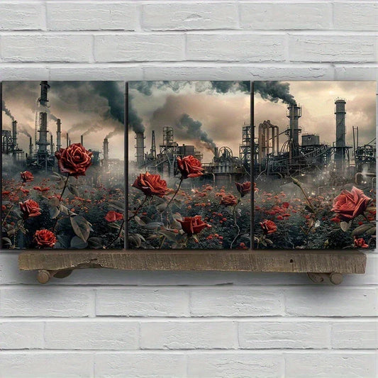 3pcs Red Roses Black Smoke Clouds Metal Print Ready to Hang Art