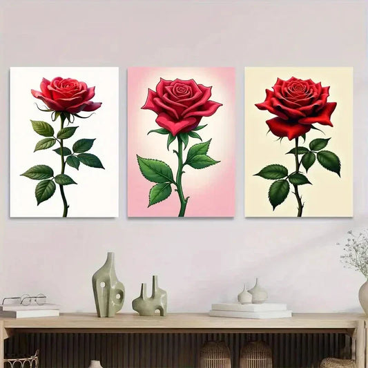 3pcs Elegant Red Rose Triptych Classic & Glam Metal Print Ready to Hang Art