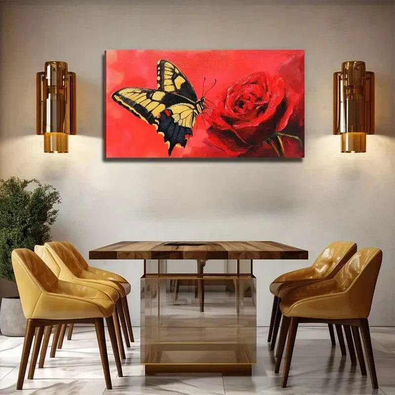 Fluttering Butterfly Rose Wall Art Canvas Office Home Room Framed 120x60cm