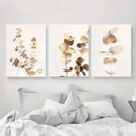 3pcs Eucalyptus Leaf Golden & Brown Foliage Metal Print Ready to Hang Art