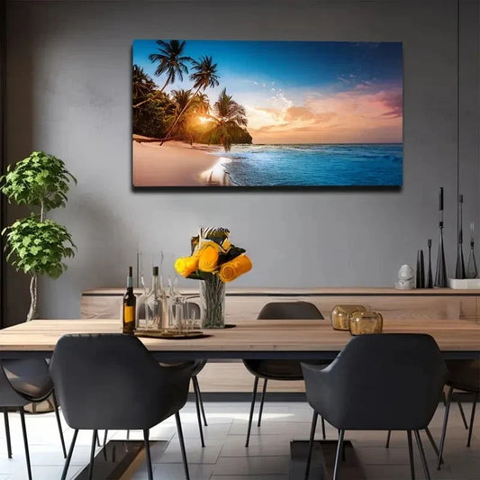 Tropical Beach Sunset Wall Art Canvas Office Home Room Framed 80x45cm