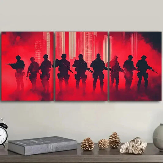 3pcs Soldiers in Formation Silhouette on Red Back Metal Print Ready to Hang Art