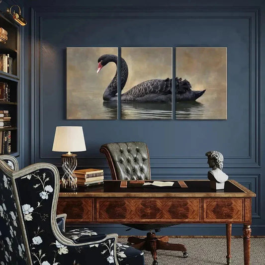 3pcs Elegant Black Swan Abstract Waterfowl Metal Print Ready to Hang Art