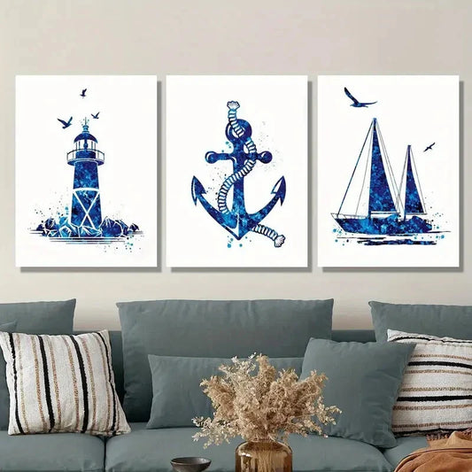 3pcs Navy blue watercolor print, lighthouse sail  Metal Print Ready to Hang Art